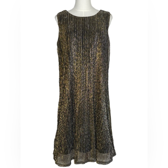 Leslie Fay Gold/Black/Silver Crepe Cocktail Dress Retail $98 Sz 10 - Picture 1 of 8